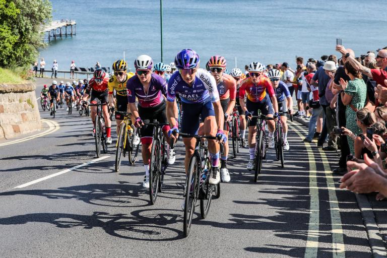 Cyclists going up the Saltburn bank with the sea in the background at the Road Race