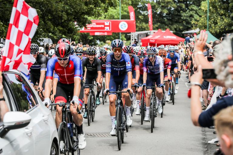 Cyclists getting to the start line at the Road Race in Saltburn.