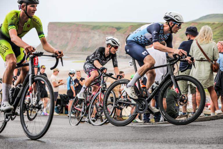 Cyclists taking the corner of the Saltburn bank at the Road Race.