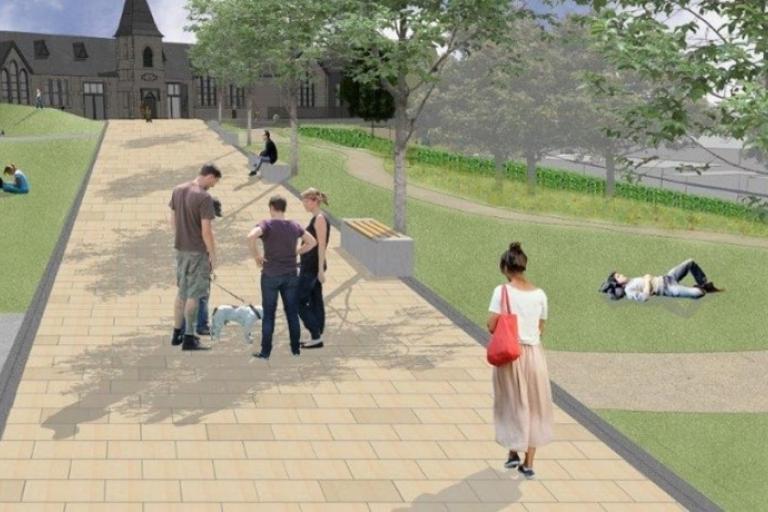 CGI of duncan place with visitors. A green space with trees and large paths and a building in the background.