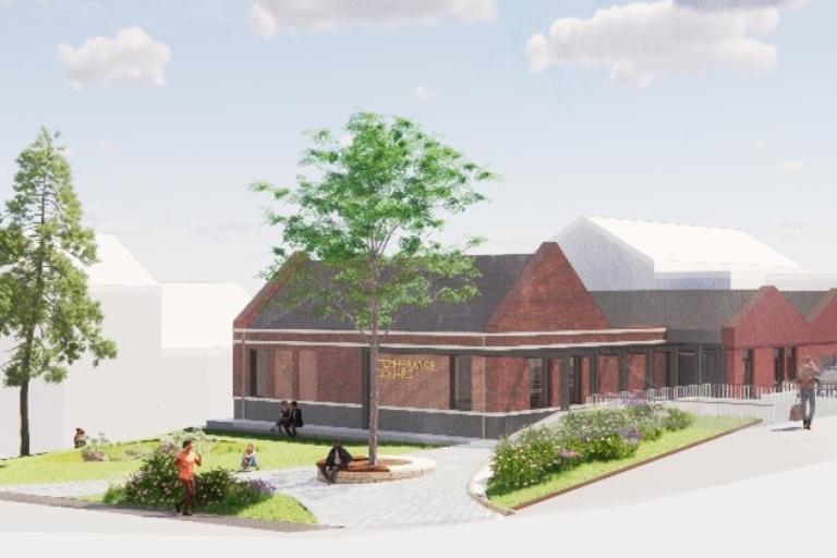 CGI of what temperance square may look like. A red brick building with a garden and trees in front of it.