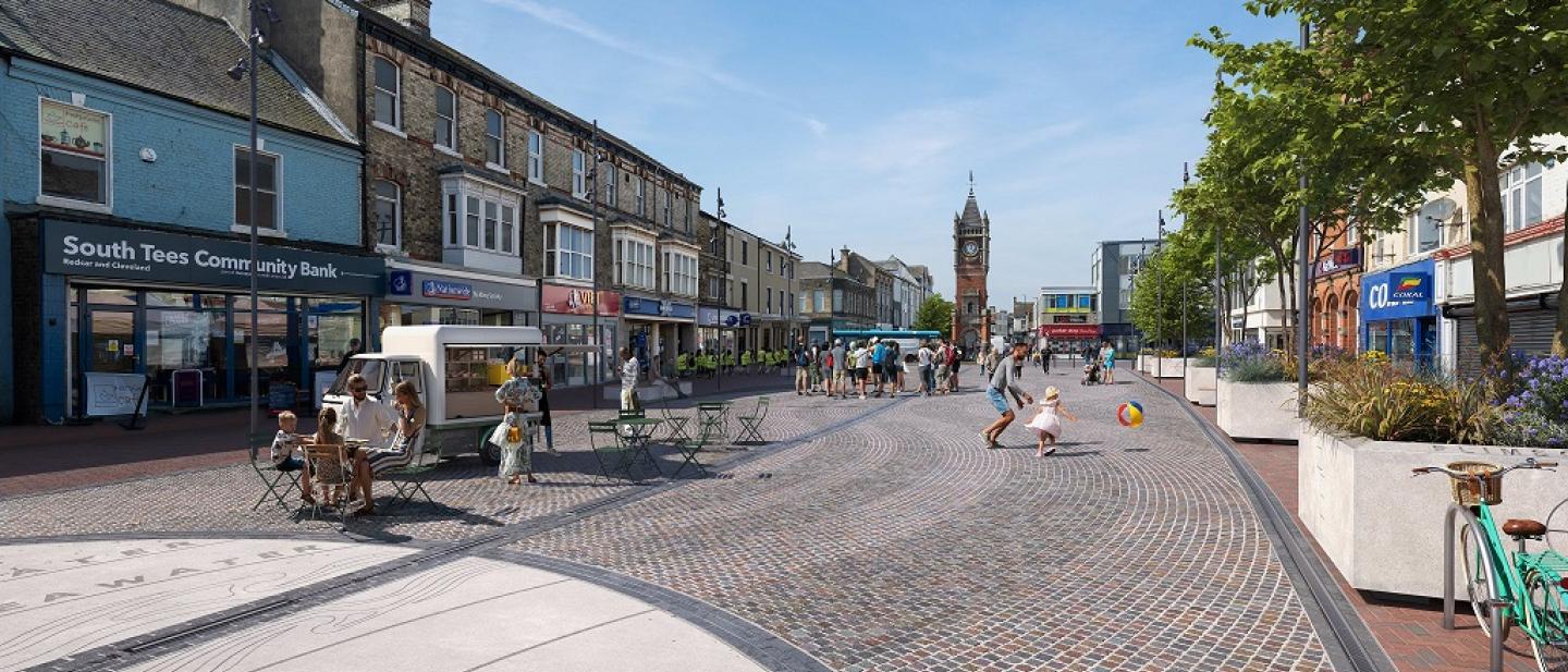 Concept image of how Redcar Town Centre could look following completion of works. The image includes how the new brickwork, building frontage and planters will look. 