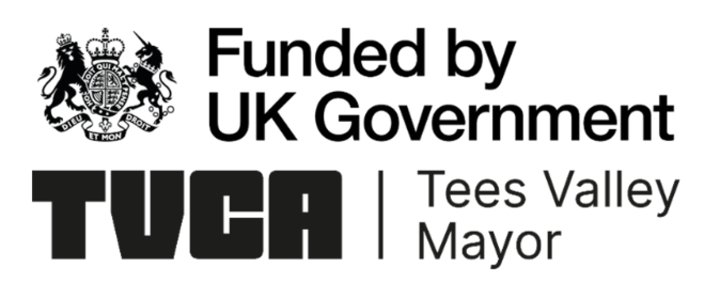 Image of two logos. The first reads 'funded by UK government' and includes the UK government crest. The second reads ' TVCA - Tees Valley Mayor'