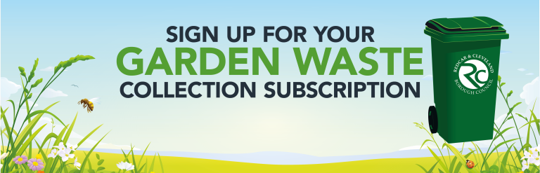 Image shows a green waste bin on a blue and green background. The text overlaid reads sign up for your garden waste collection subscription.