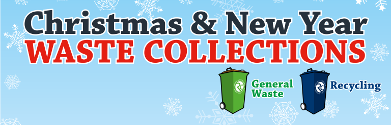 decorative image with the words 'christmas and new year waste collections' there are two images of bins, the first is green with the words 'general waste' and the second is blue with the word 'recycling'