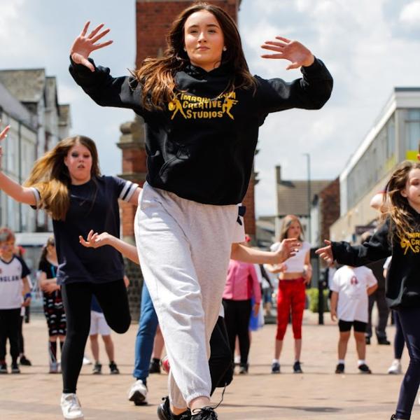Dancer at the flash mob show on Redcar High Street in celebration of the Platinum Jubilee.